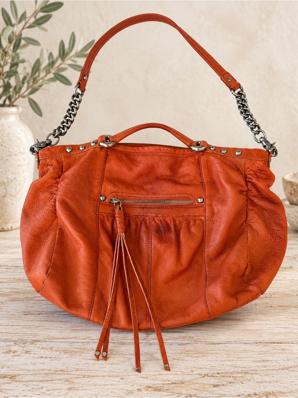 CETTU Made in Italy Orange Leather Studded Shoulder Bag